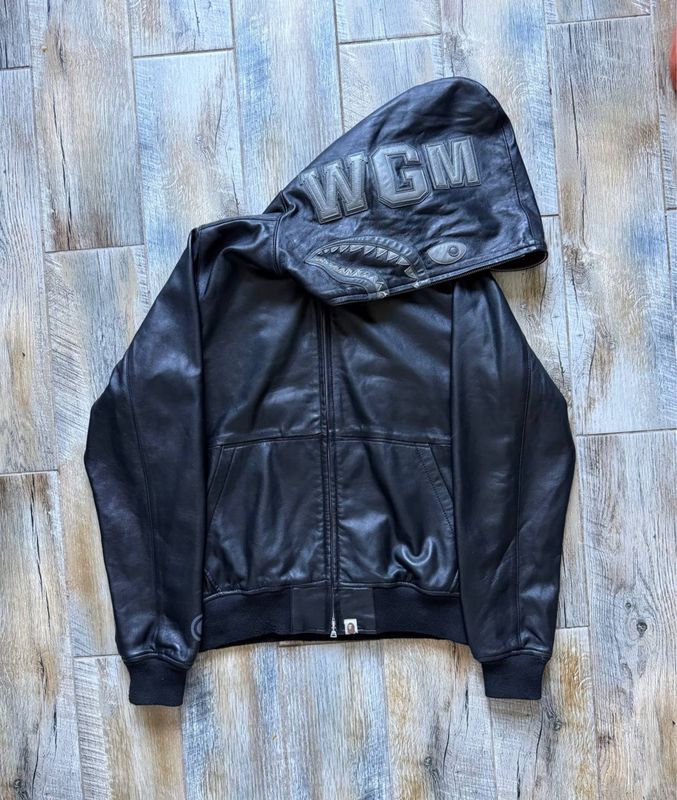 BAPE Sheepskin leather shark full zip hoodie jacket Black