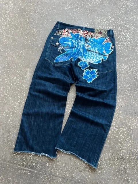 vintage kanji jeans evisu handpaint japanese denim spodnie rap baggy