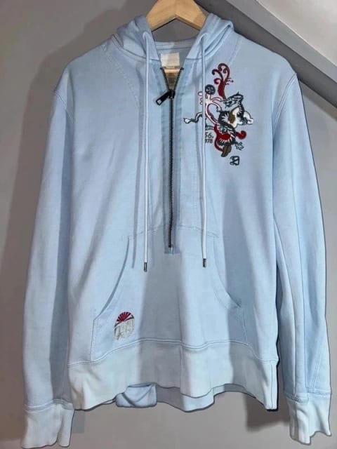 Diesel Pullover Hoodie 1/2 Zip Women's XL Light Blue Embroidered Graphic Y2K