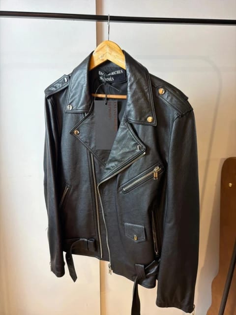 Enfants Riches Déprimés – black leather biker jacket, chessboard print