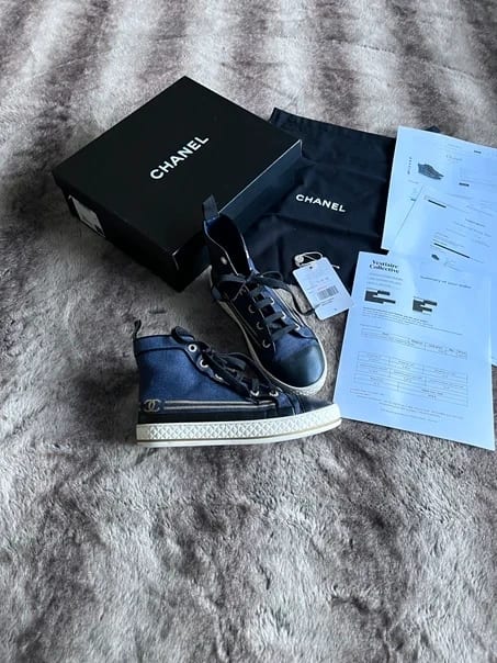 Chanel modré černé bílé zlaté tenisky 38 málo nošené, doklady plátěnky