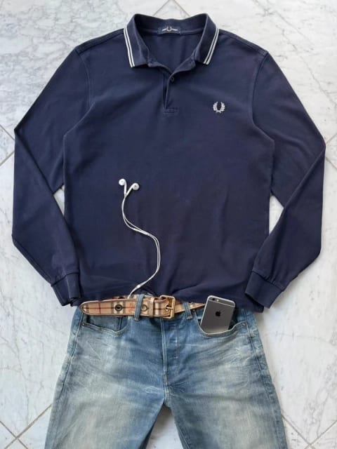 Vintage Granatowa Koszulka Polo Jersey Fred Perry z Białym Haftem Logo Y2K Swag Chief Keef