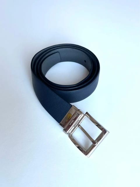 Dwustronny Skórzany Pasek Prada Saffiano Reversible Navy Grey Leather Belt Old Money