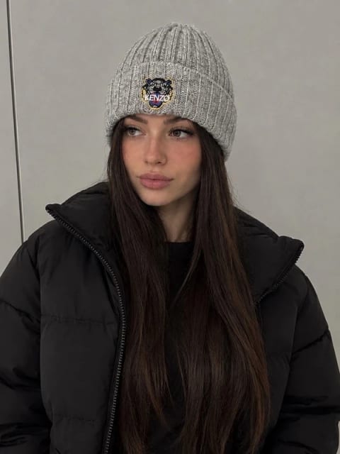 kenzo paris tiger patch beige ribbed winter beanie