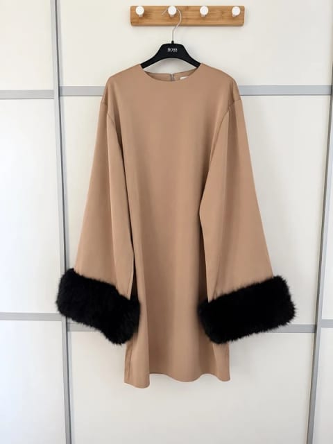 Toteme Perlo Faux Fur Cuff Dress – Champagne Silk Blend