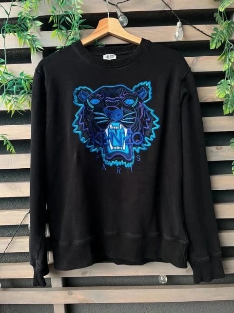 Męska/Uniseks bluza Kenzo Paris Tiger Sweatshirt – Czarna z niebiesko-fioletowym haftem L