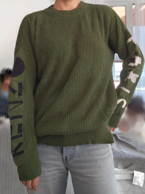 Kenzo Green Wool Knit Sweater with Logo Sleeves- Size M