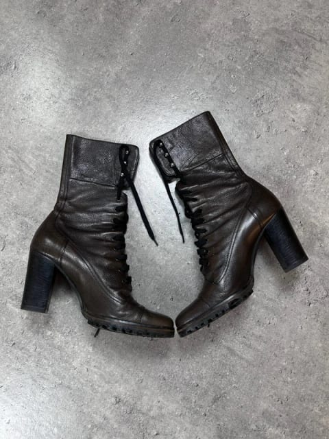 Title: Miu Miu Vintage Lace-Up Leather Boots – Dark Brown Grunge Heeled Booties – Size 38.5
