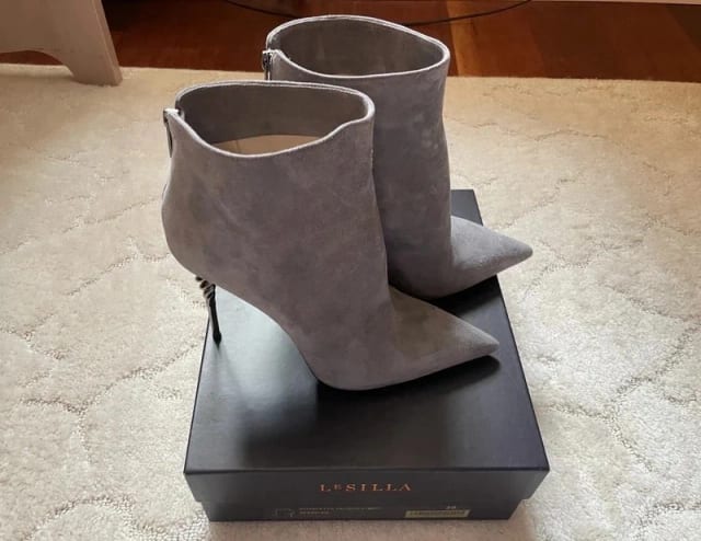 LeSilla Grey Suede Spiral Heel Ankle Boots