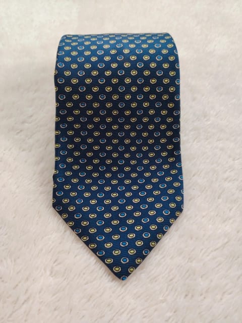 Kiton Silk Tie • Micro Geometric Pattern • Navy Blue & Yellow