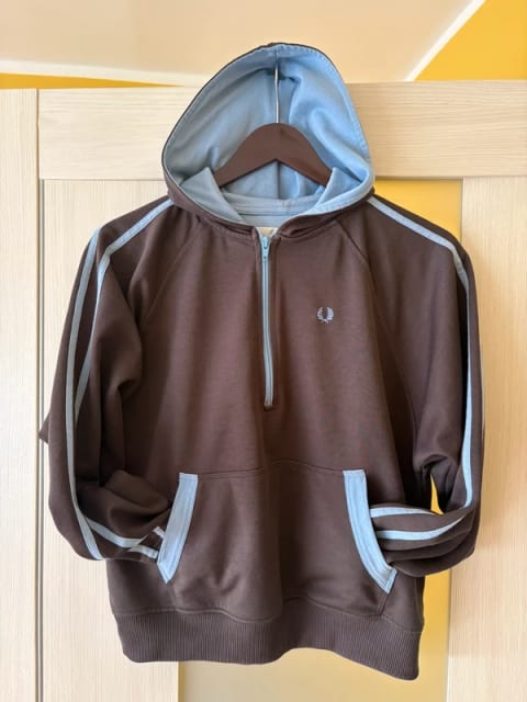 Fred Perry Vintage 2000s 1/4 Zip Hoodie – Made in Portugal – Brown/Blue